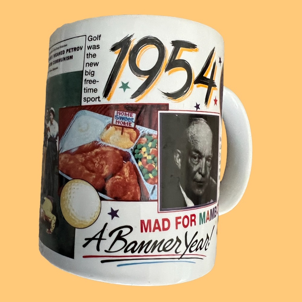 Vintage 1954 A Banner Year Coffee Mug Eisenhower, Liberace, Norman Rockwell.